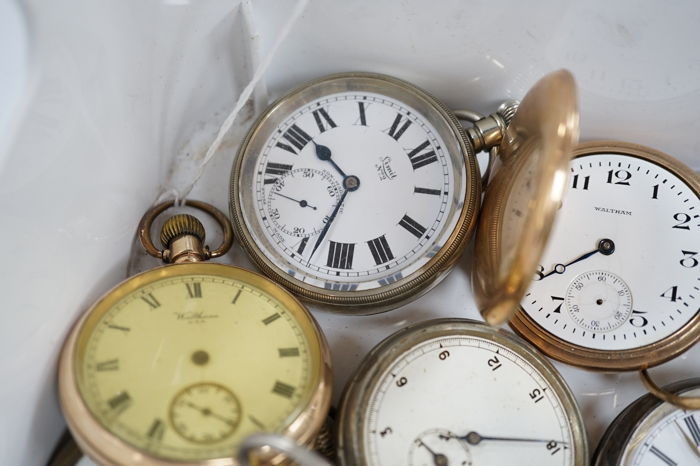 Thirteen assorted base metal or gold plated pocket watches, including two Waltham and a Stayte half hunter, together with a pocket watch case, stopwatch and a 935 white metal open face pocket watch, by Watts of Nottingha